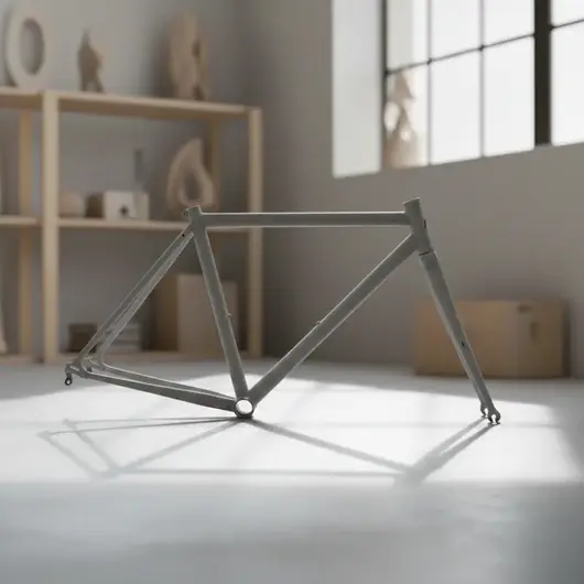 Велосипедная рама, в белой комнате, на фоне коробки