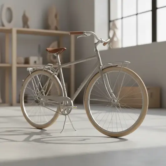 Городской велосипед в белой комнате, на фоне коробки