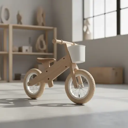 Детский велосипед в белой комнате, на фоне коробки
