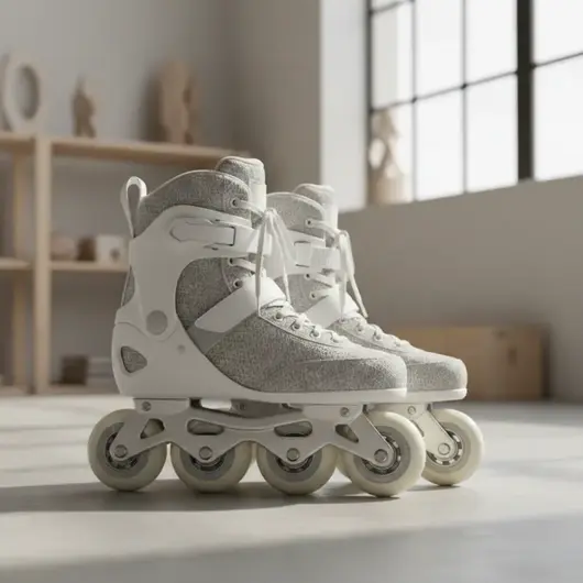 Роликовые коньки в белой комнате, на фоне коробки