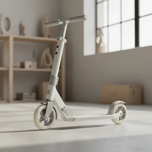 Самокат в белой комнате, на фоне коробки