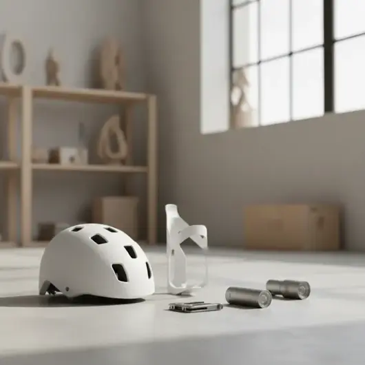 Аксессуары для велосипеда на полу, в белой комнате