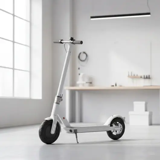 Белый электросамокат, на фоне стол.