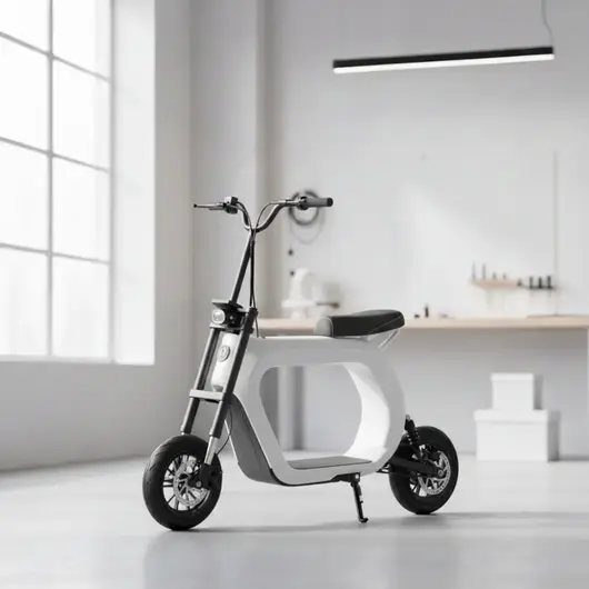 Белый электропитбайк стоит в белой комнате