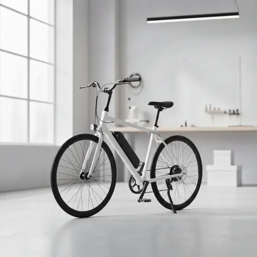 Электровелосипед белый, с черной батарей стоит в комнате